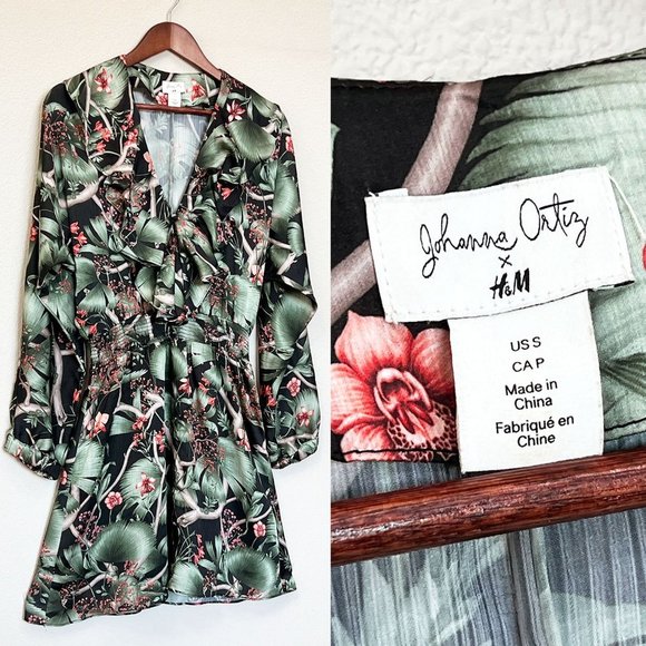 Johanna Ortiz x H&M Patterned Dress with Flounce Mini Ruffle Tropical Silky S - Picture 6 of 16